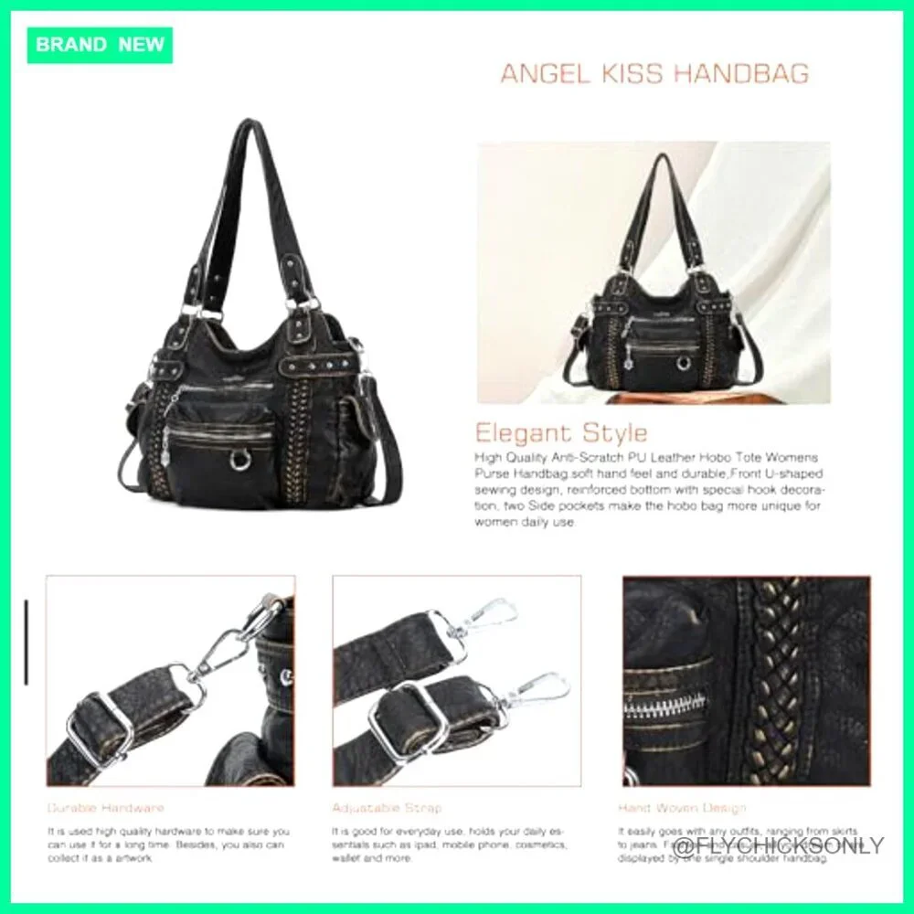 Soft PU Leather Hobo Shoulder Bag with 12 Pockets, Adjustable Strap